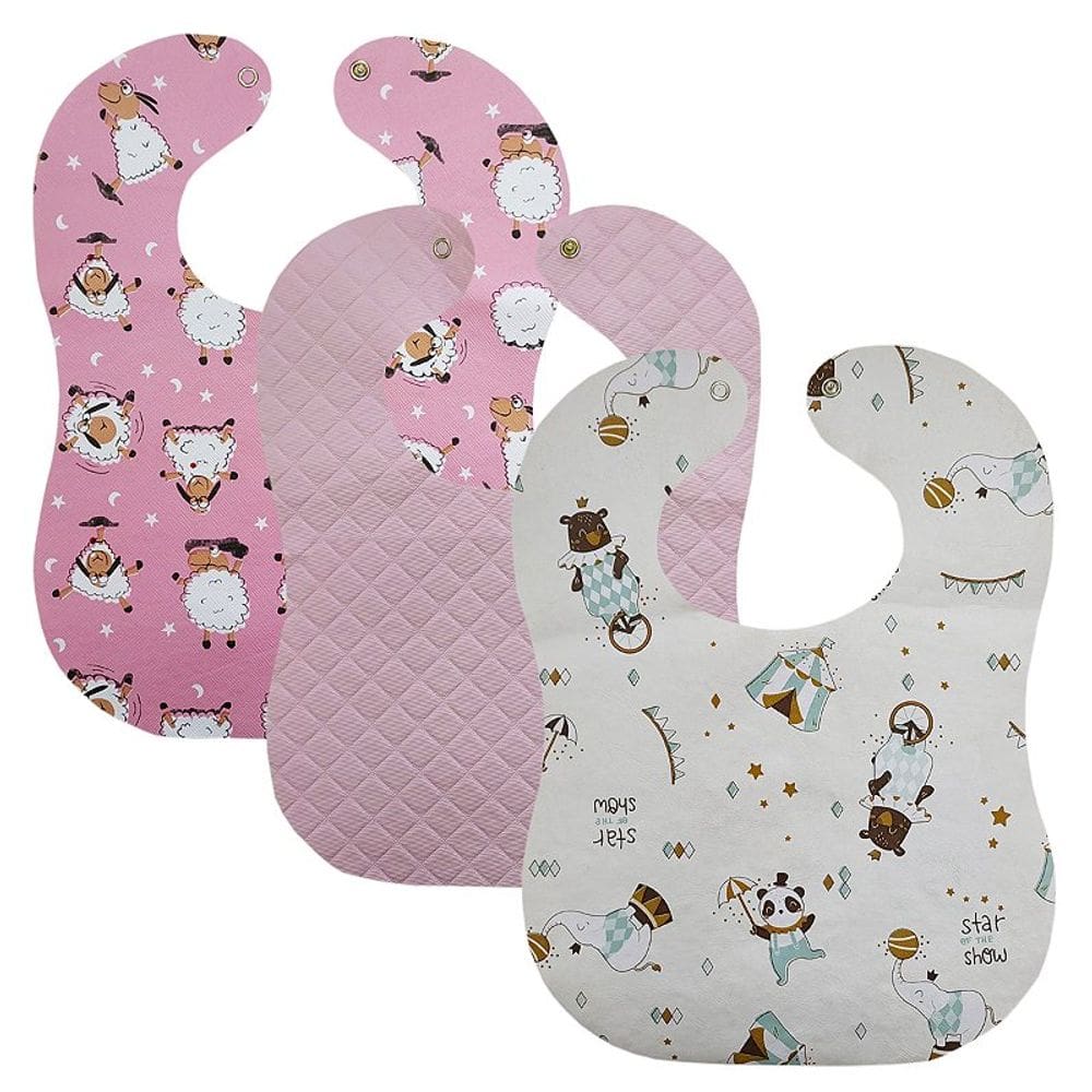 Babador Impermeavel Bebe Kit 3 25x34cm Estampas Divertidas Botão Pressão Menino Menina