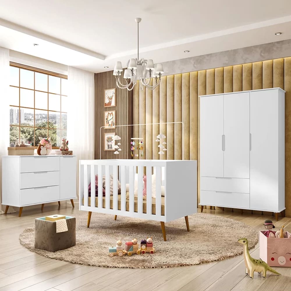 Quarto Infantil Completo Melinda Guarda Roupa 3 Portas 2 Gavetas Comoda 1 Porta e Berço Mini Cama