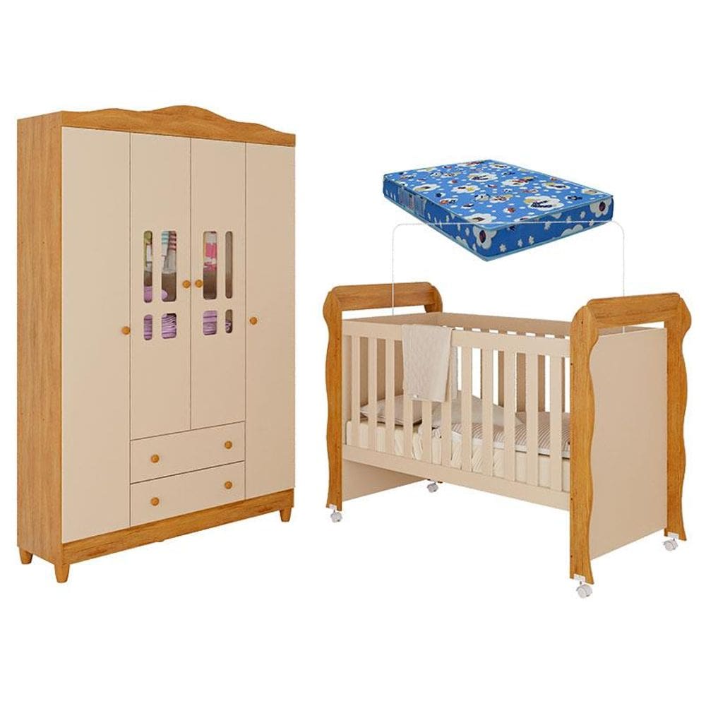 Berço Americano Mirelle e Guarda Roupa Infantil Ariel 4 Portas Off White Bétula com Colchão Ortobom– Carolina Baby