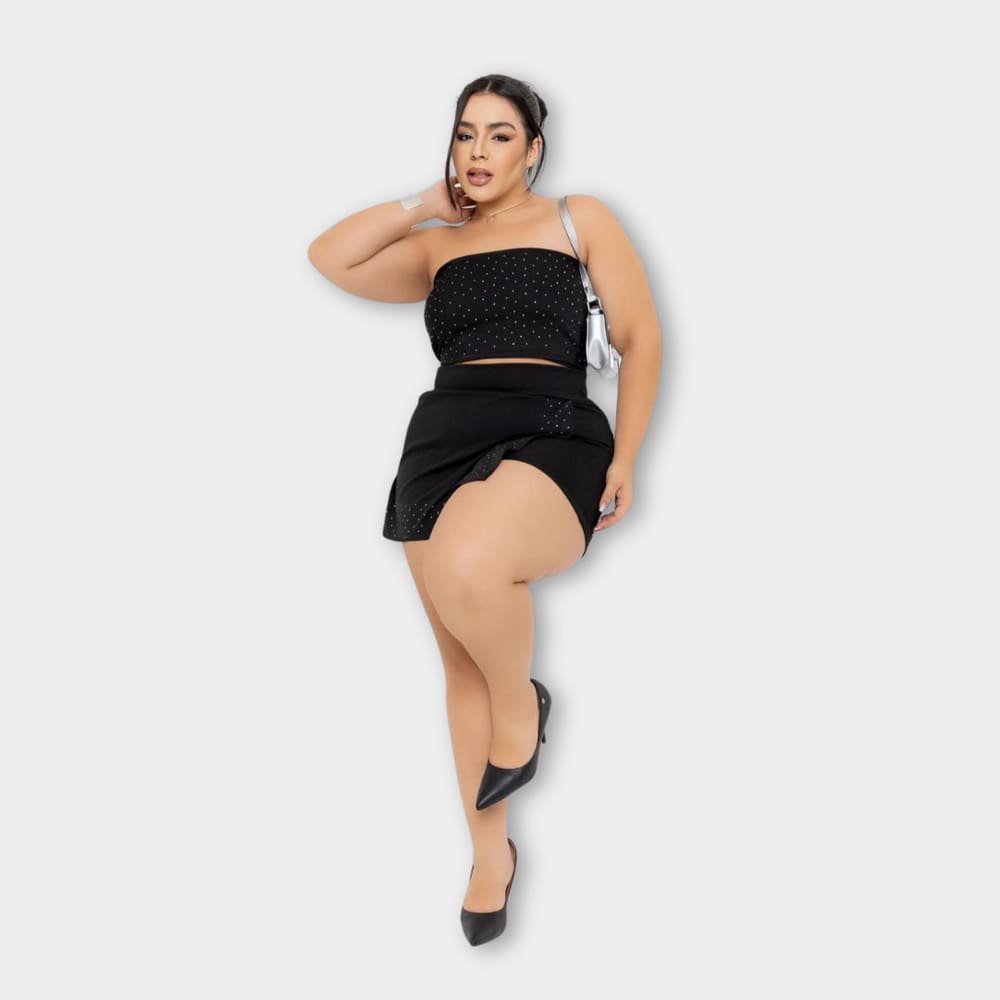 Conjunto Plus Size Feminino Cropped e Short Saia Strass 0618