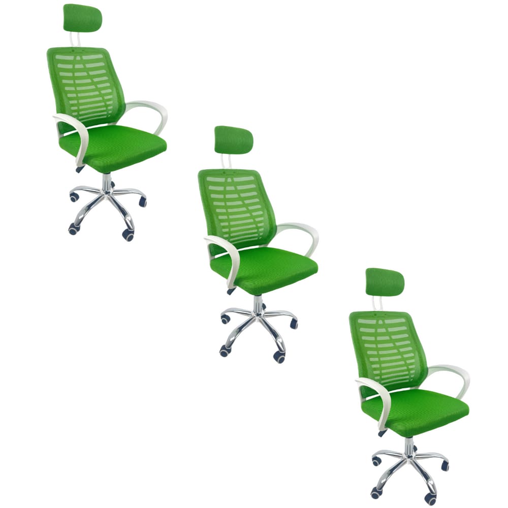 Kit 3 Cadeiras Escritório Diretor Oficial Tela Mesh apoio Nuca Verde Branco