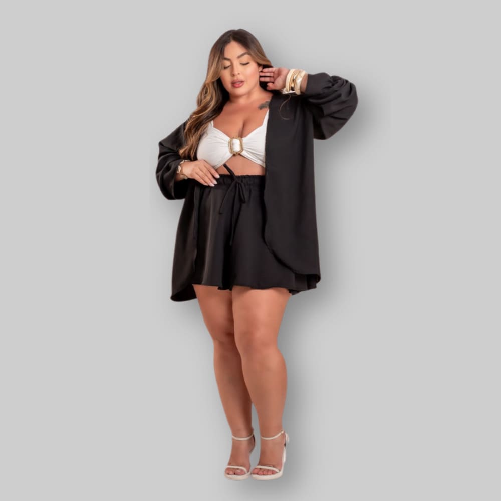 Conjunto Plus Size Feminino Cropped + Short + Kimono 0630