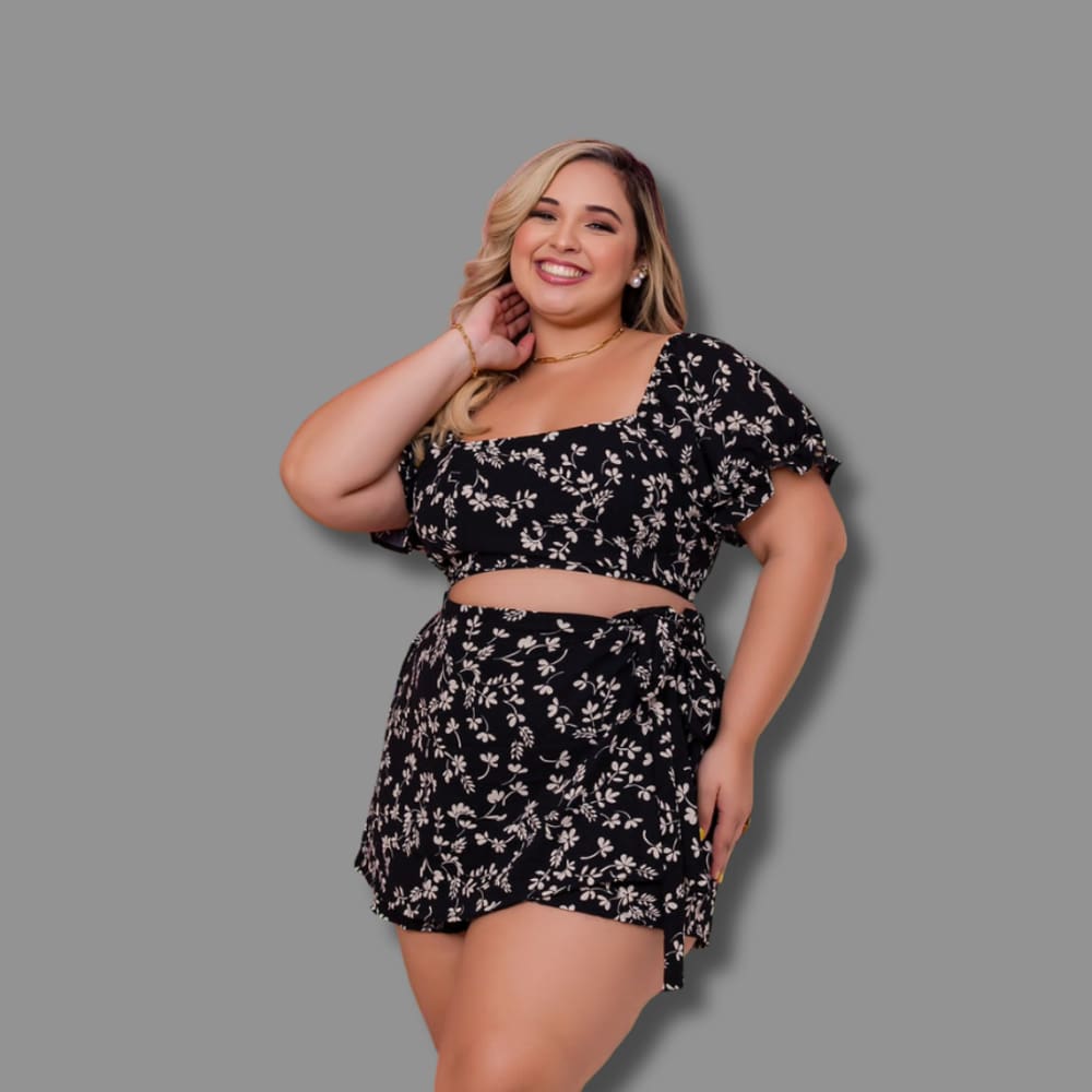 Conjunto Plus Size Cropped e Short Saia Estampado 0599