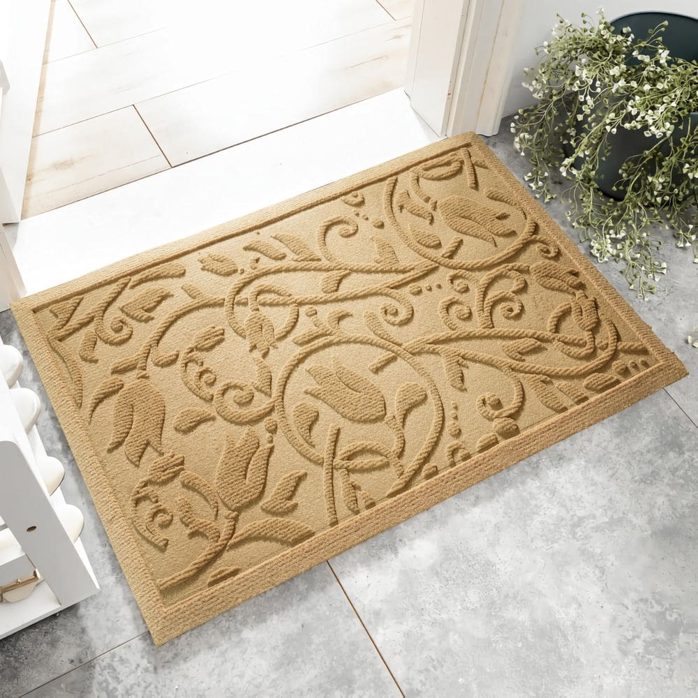 Capacho VivaNest Boho Beige Floral Leaves 60x90cm com encosto de borracha