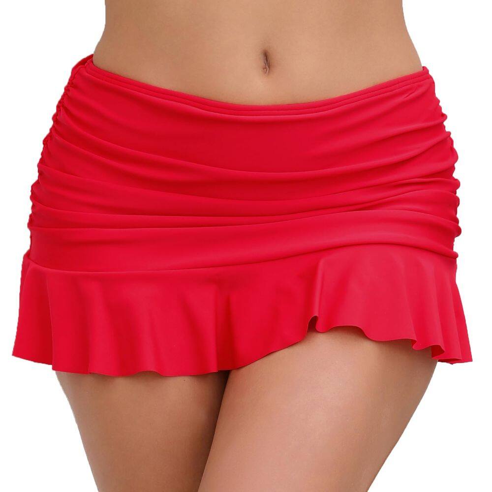 Saias de natação femininas Halcurt, franzidas, com babados, para controle de barriga, vermelhas