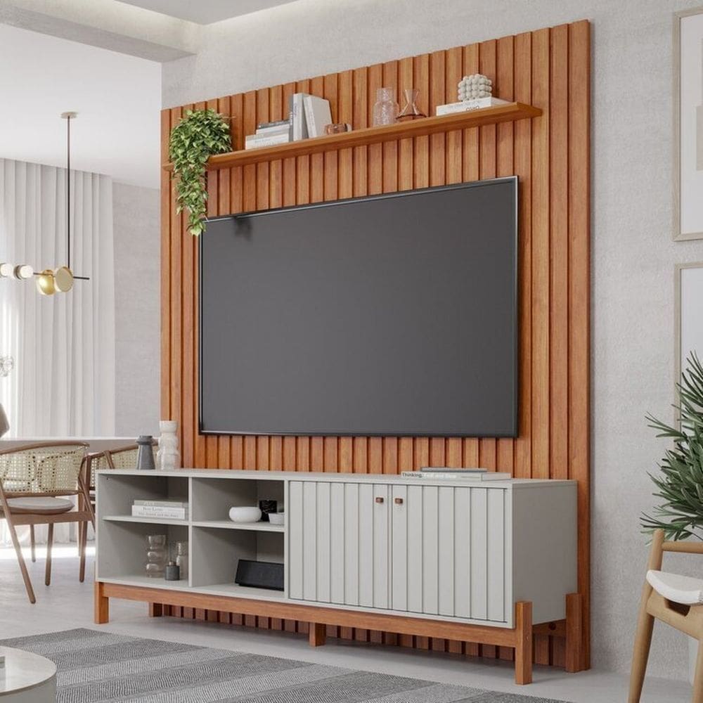 Conjunto Decorativo Bancada Holanda e Painel Maragogi para TV de até 70 polegadas 100% Mdf Espresso Cinamomo/Off White