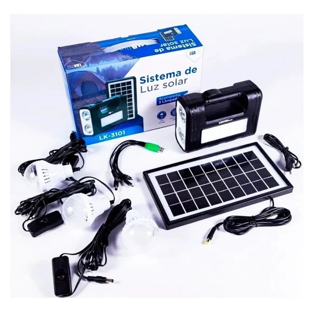Kit Iluminação Solar com Lanterna Recarregável e Três Lâmpadas LED Portátil para Emergências Camping Viagens Pesca Estudo e Uso Rural