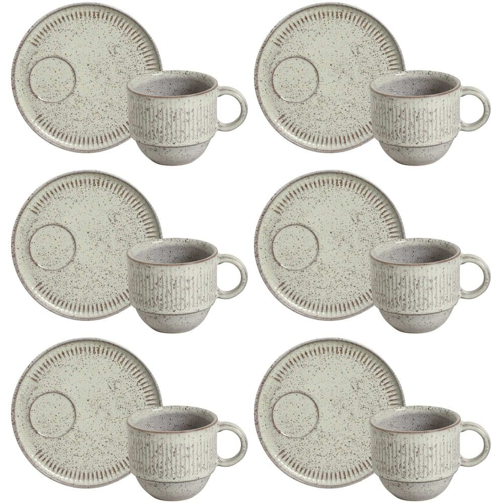 Conjunto de 6 Xícaras de Chá com Pires Stoneware Linhas Pistache 230ml - Porto Brasil
