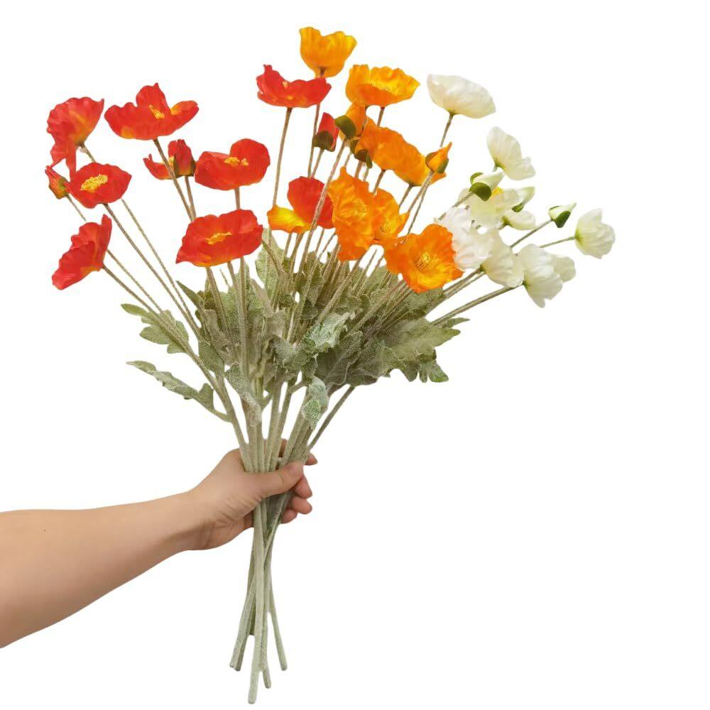 Flores artificiais DODXIAOBEUL, papoula, seda com caules, 9 peças, laranja, branca