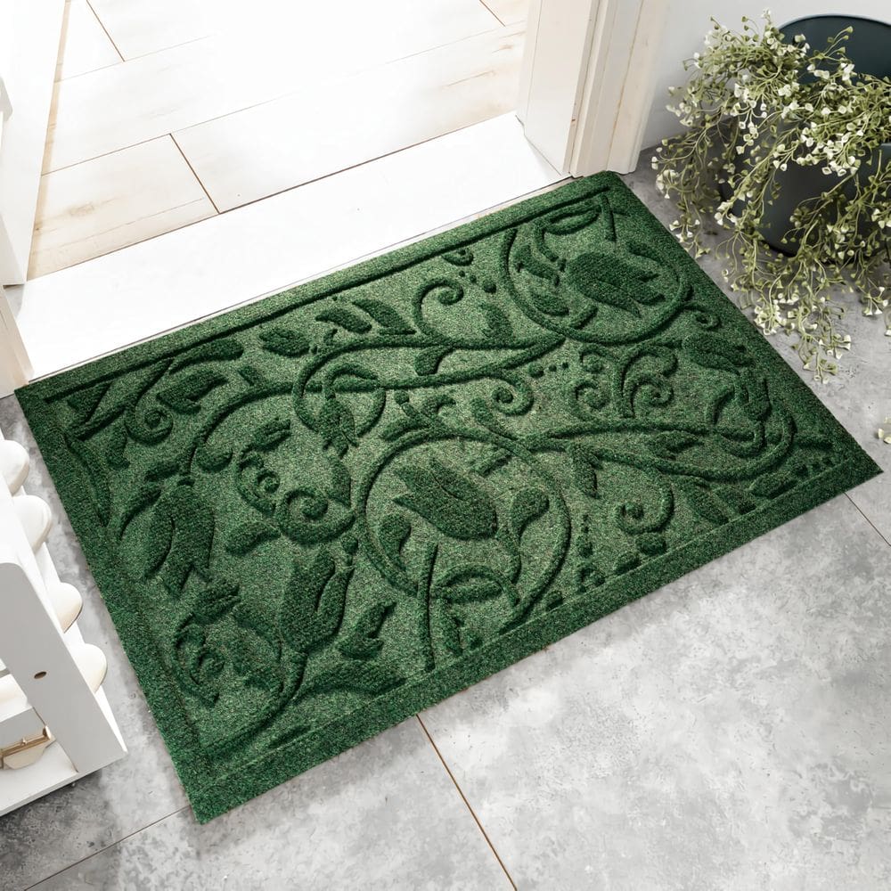 Capacho VivaNest Boho Green Floral Leaves 60x90cm com encosto de borracha