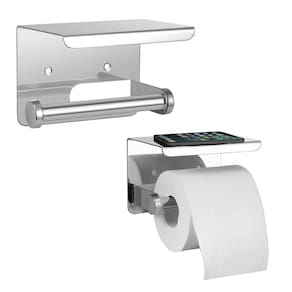 Suporte Papel Higienico Inox Banheiro Lavabo Kit 2 unidades Apoio Celular Porta Objeto Prateleira Multiuso Resistente Organizaçao Parede