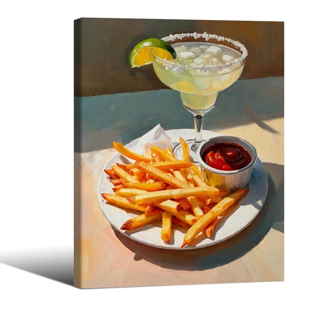 Impressão de pôster: comida engraçada de cozinha com margarita e batatas fritas
