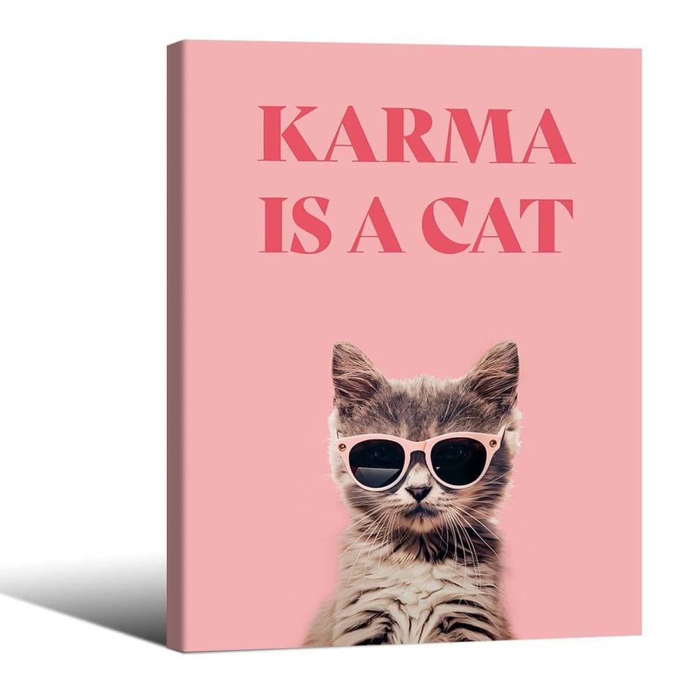Arte de parede em tela Podafu Trendy Pink Cat Karma Is A Cat 20x25cm