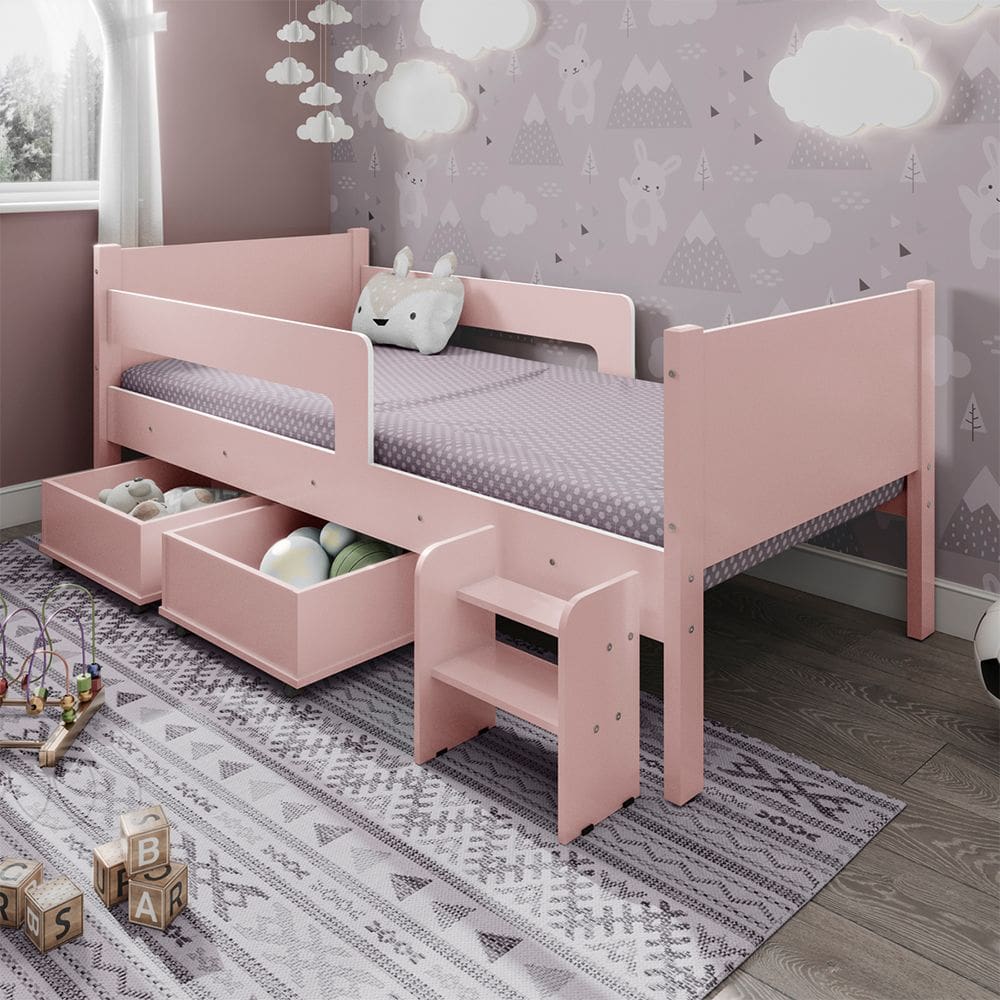 Cama Infantil com 2 Baus Organizador e Escada Mdf Luna Plus Rosa
