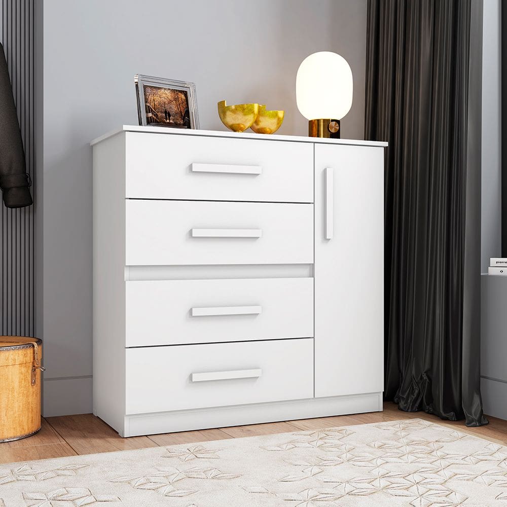 Cômoda Luxo Reforçada 4 Gavetas 1 Porta Victoria - Branco