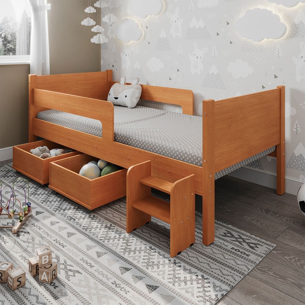 Cama Infantil com 2 Baus Organizador e Escada Mdf Luna Plus Nature