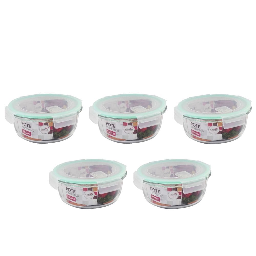Pote de Vidro 950ml 5 Peças com Fechamento Hermético 4 Travas Marmita Forno ou Freezer Microondas