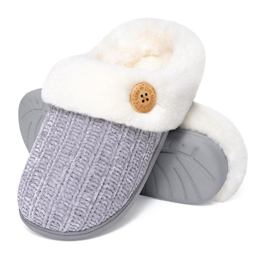 Chinelos Evshine Fuzzy Memory Foam Chenille Knit femininos cinza