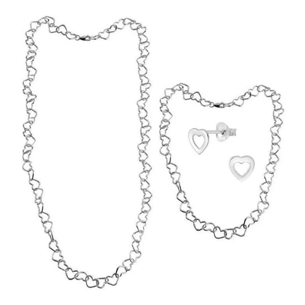 Corrente E Pulseira De Elos De Coração Prata 925 Kit95