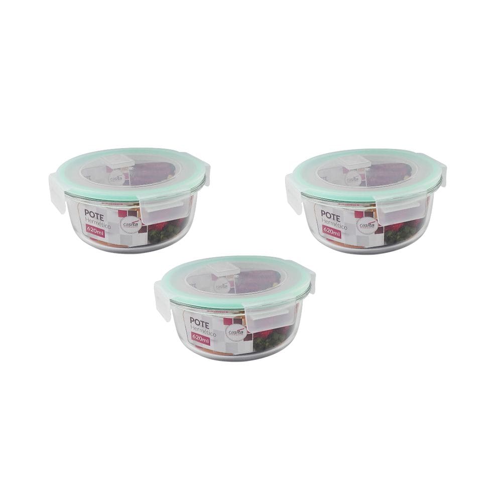 Pote de Vidro 620ml 3 Peças com Fechamento Hermético 4 Travas Marmita Forno ou Freezer Microondas