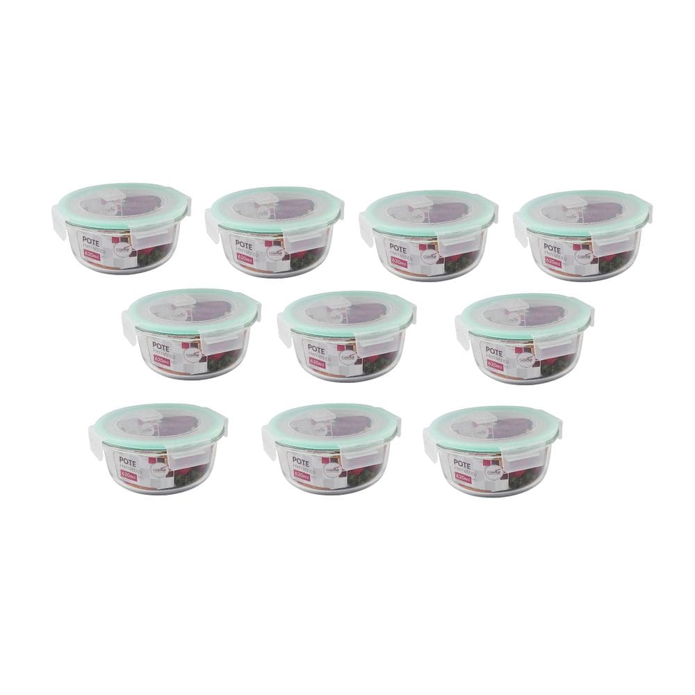 Pote de Vidro 620ml 10 Peças com Fechamento Hermético 4 Travas Marmita Forno ou Freezer Microondas
