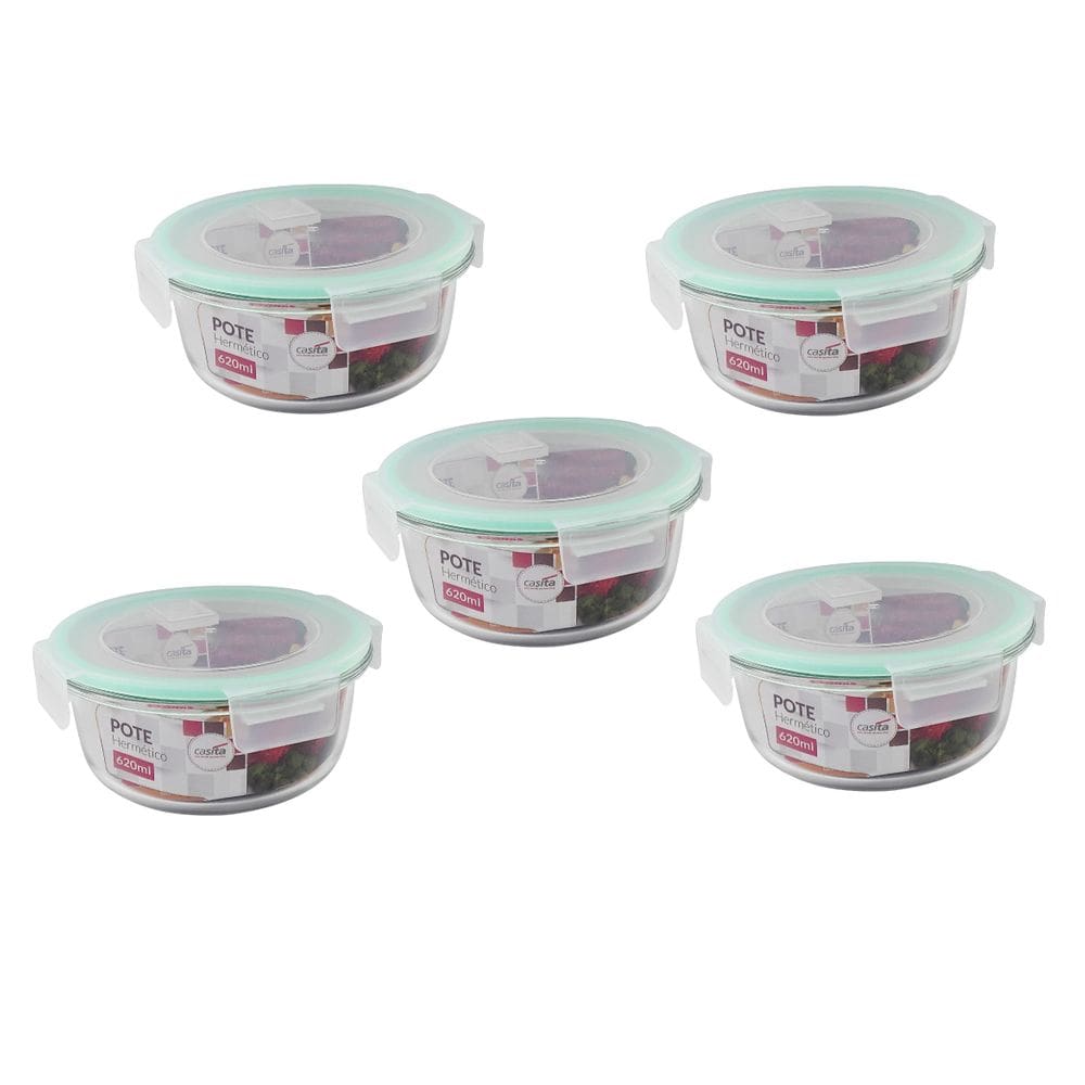 Pote de Vidro 620ml 5 Peças com Fechamento Hermético 4 Travas Marmita Forno ou Freezer Microondas