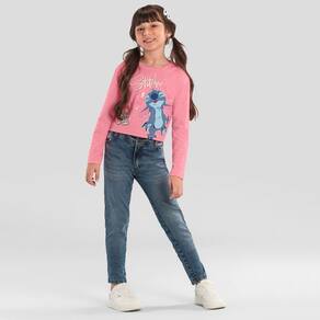 Blusa infantil menina cropped do Stitch Rosa Brandili