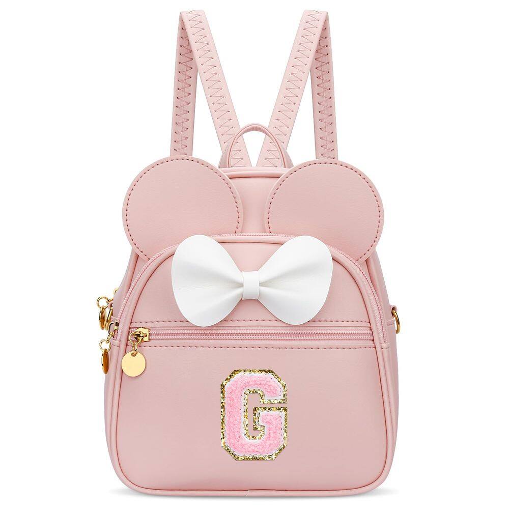 Mini mochila KKXIU Girls Initial Bowknot rosa de couro sintético