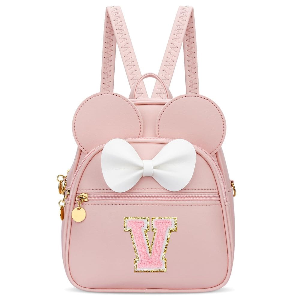 Mini mochila KKXIU Girls Initial Bowknot rosa de couro sintético