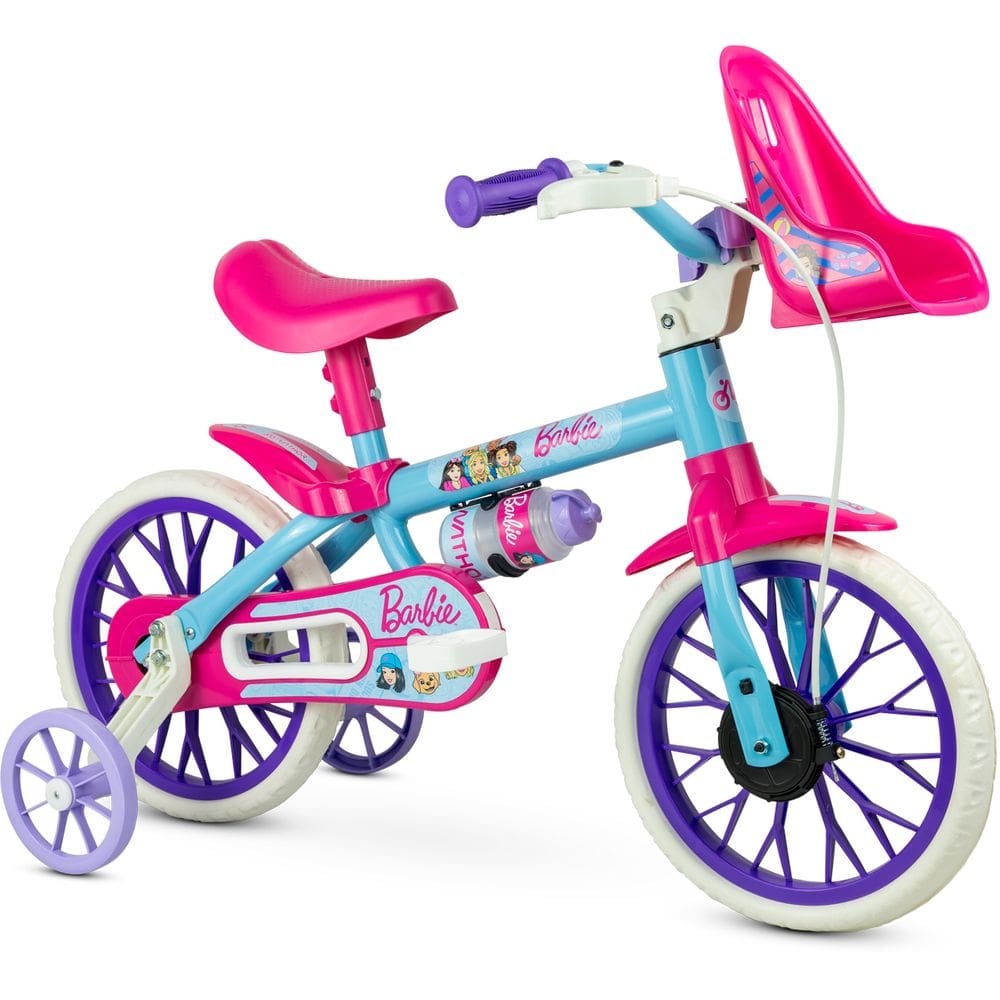 Bicicleta Infantil Aro 12 com Rodinhas Garrafinha Freio a Tambor Barbie Nathor