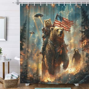 Cortina de chuveiro Uokiuki Funny Bear Riding Cat 180x180cm com ganchos