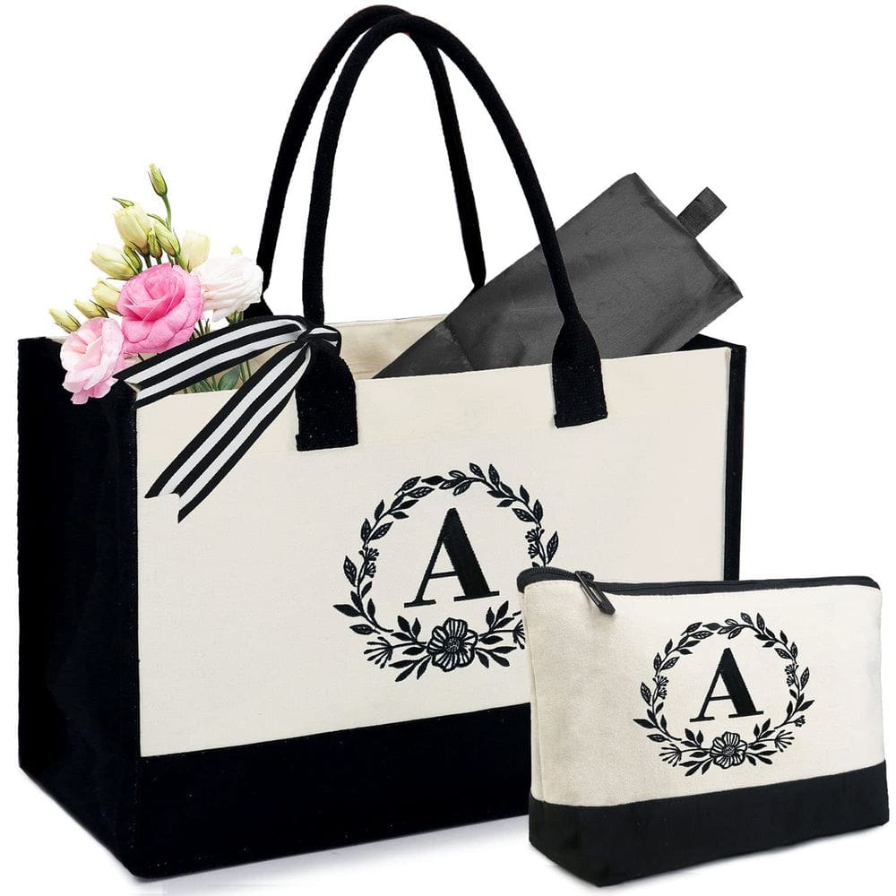 Conjunto de sacolas de lona BeeGreen Letter A com monograma — presente bordado personalizado para mulheres, mães e dama de honra (A)