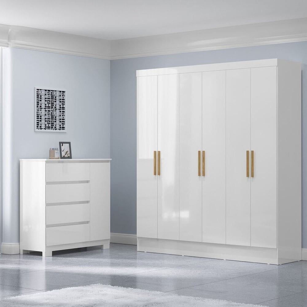 Conjunto Guarda-Roupa 6 Portas Gliese com Cômoda 1 Porta 4 Gavetas Vega Branco Neve