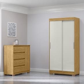 Conjunto Guarda-Roupa 2 Portas de Correr e 2 Gavetas Antares com Cômoda 1 Porta e 4 Gavetas Vega Marrocos/Off White