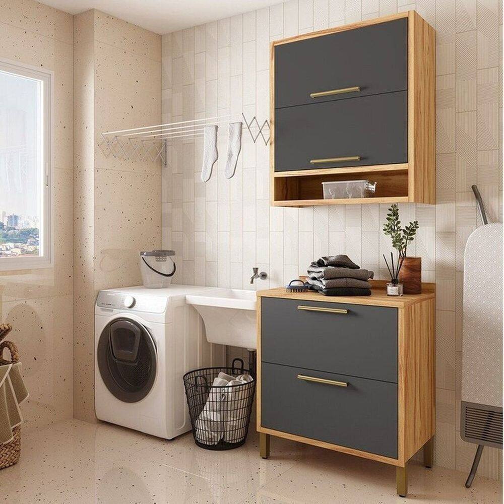 Conjunto para Lavanderia com 2 Peças 100% Mdf Vicenza Espresso Móveis Amêndoa/Cinza
