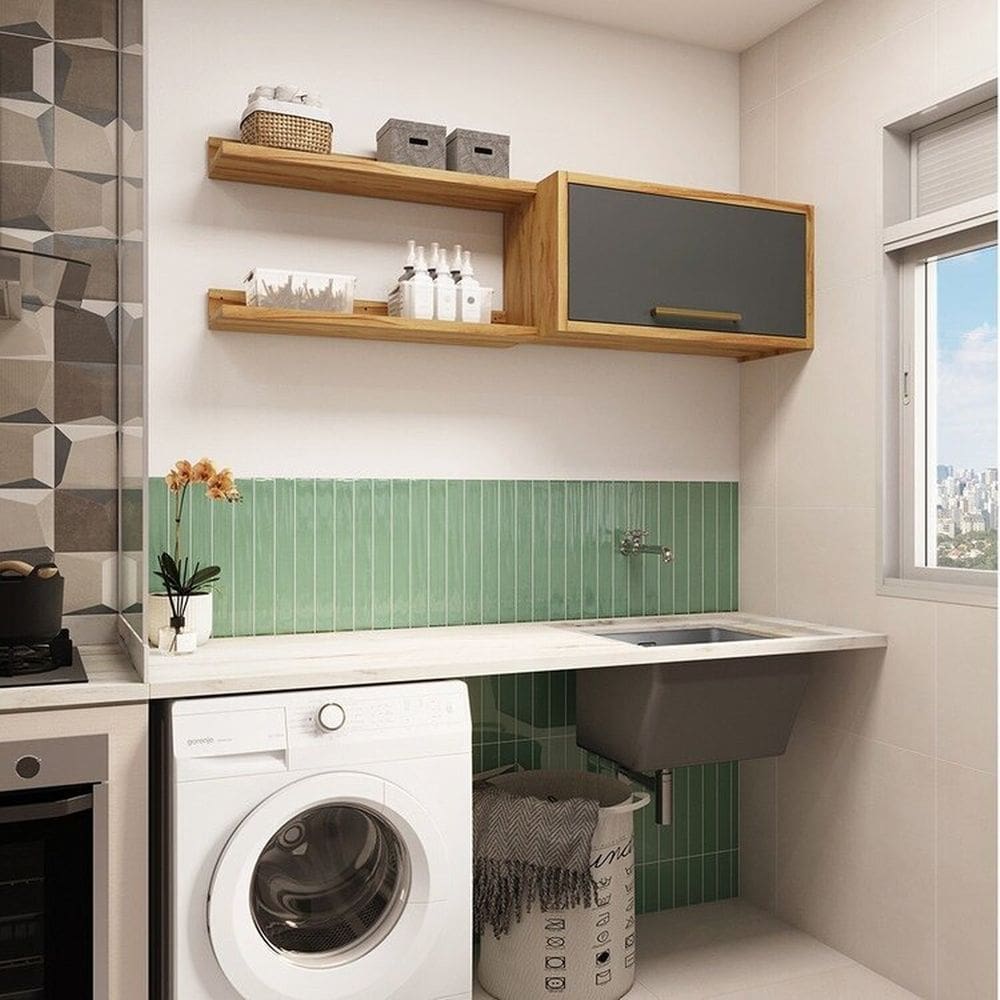 Conjunto para Lavanderia com 2 Peças 100% Mdf Vicenza Espresso Móveis Amêndoa/Cinza
