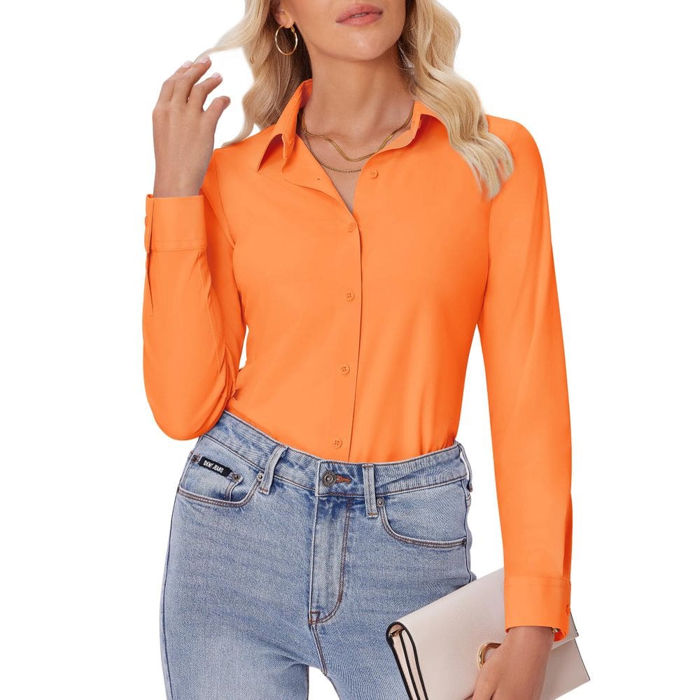 Camisa de botão siliteelon para mulheres de manga comprida laranja XL