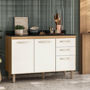 Gabinete Para Pia 1,20m 2 Portas 3 Gavetas Com Tampo Freijó Off White Cristal Austin Nicioli