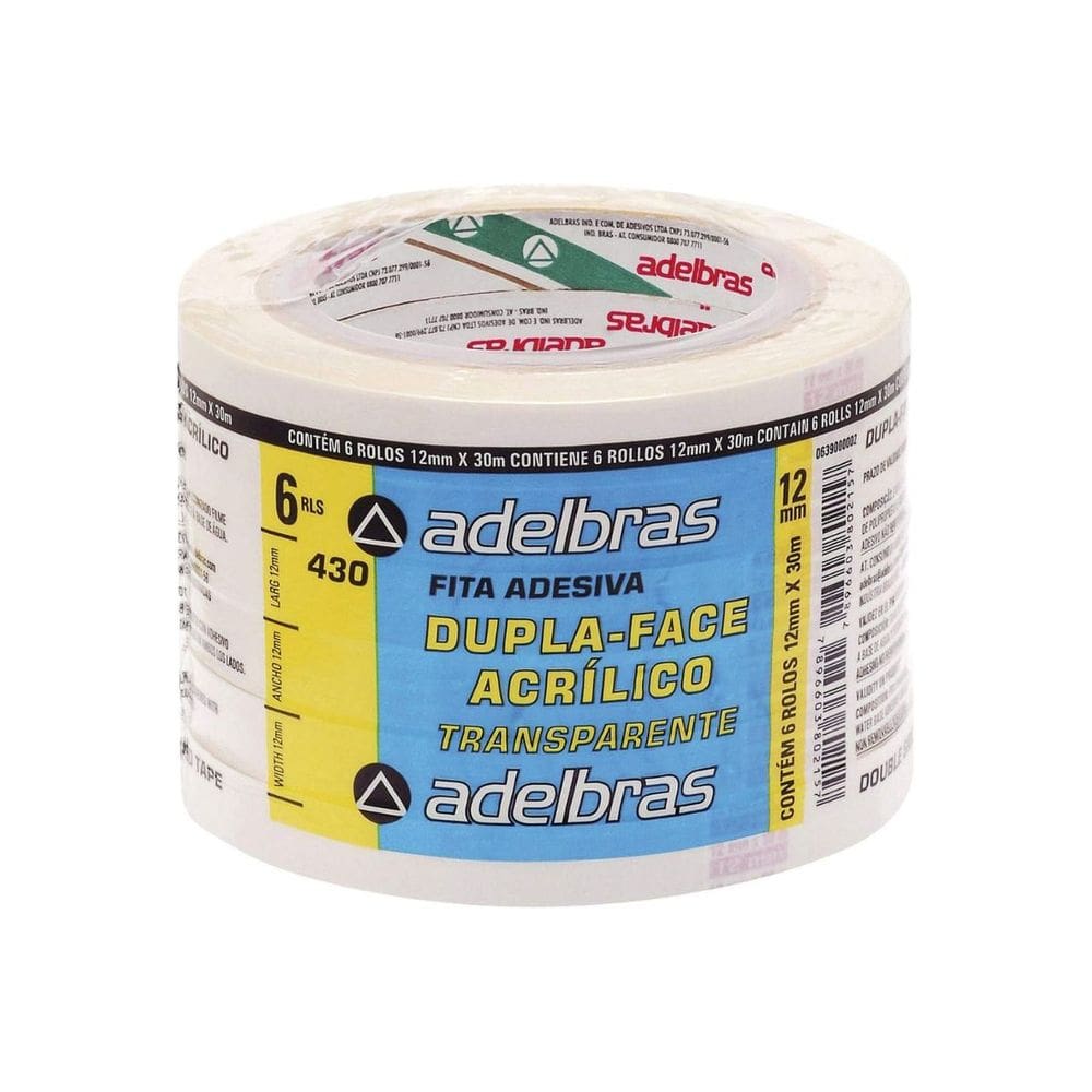 Kit 6 Rolos Fita Dupla Face Transparente Multiuso 12mm x 30m - Adelbras