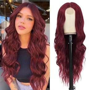 Peruca NAYOO Long Wavy Wine Red Sintética Fibra Sintética 66cm para mulheres