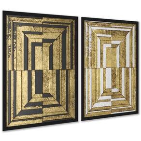 Kit 2 Quadros Abstratos Efeito 3D Preto Branco Ouro 33X24Cm