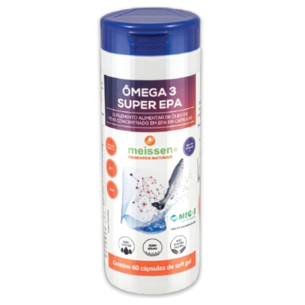 Ômega 3 dha Super Epa Meg 3 Meissen Alta Concentração Óleo Peixe 60 Cáps Soft Gel Vitamina E Zero Lactose Sódio Glúten