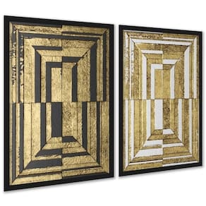 Kit 2 Quadros Abstratos Efeito 3D Preto Branco Ouro 33X24Cm