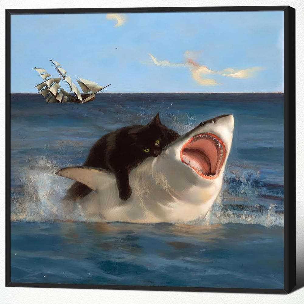 Pôster com arte de parede Fat Cat vs Shark Meme e Black Cat vs Octopus