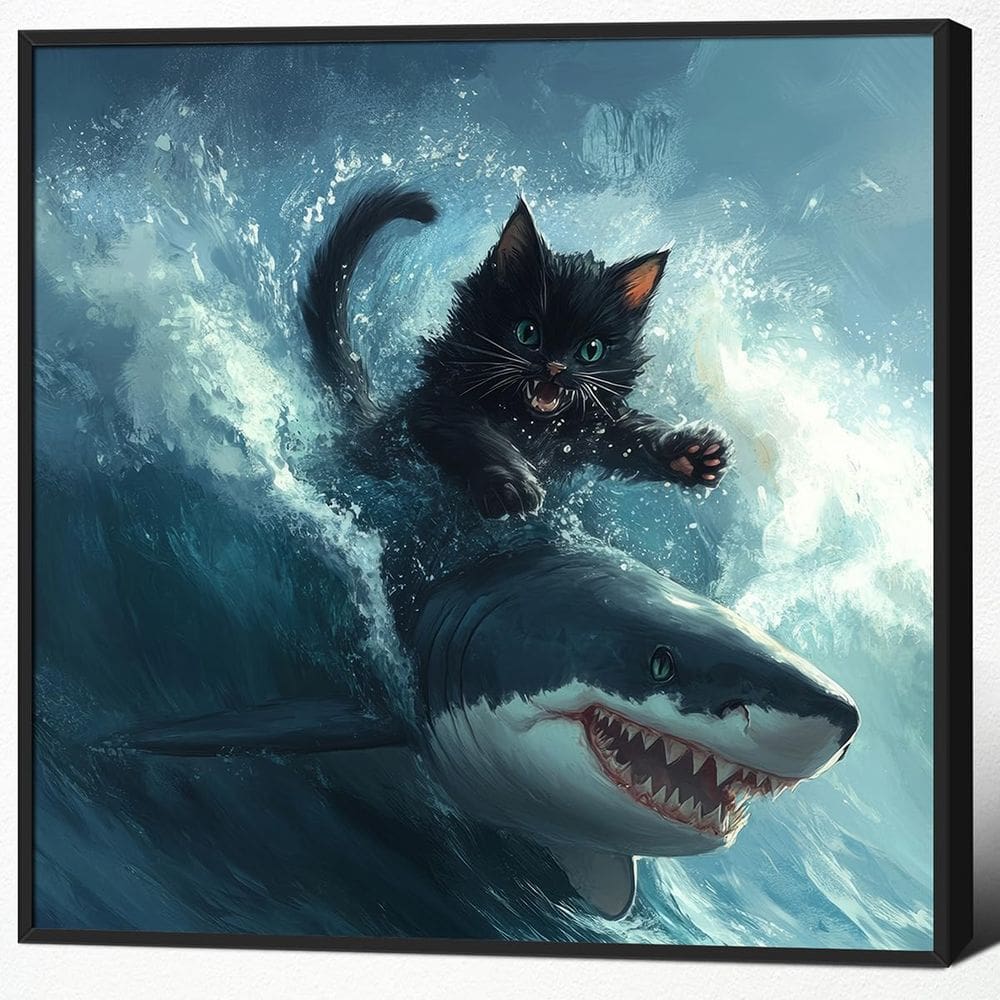 Pôster com arte de parede Fat Cat vs Shark Meme e Black Cat vs Octopus