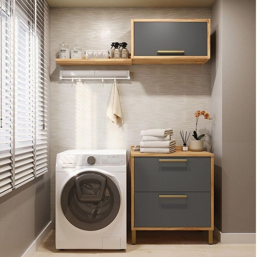 Conjunto para Lavanderia com 3 Peças 100% Mdf Vicenza Espresso Móveis Amêndoa/Cinza