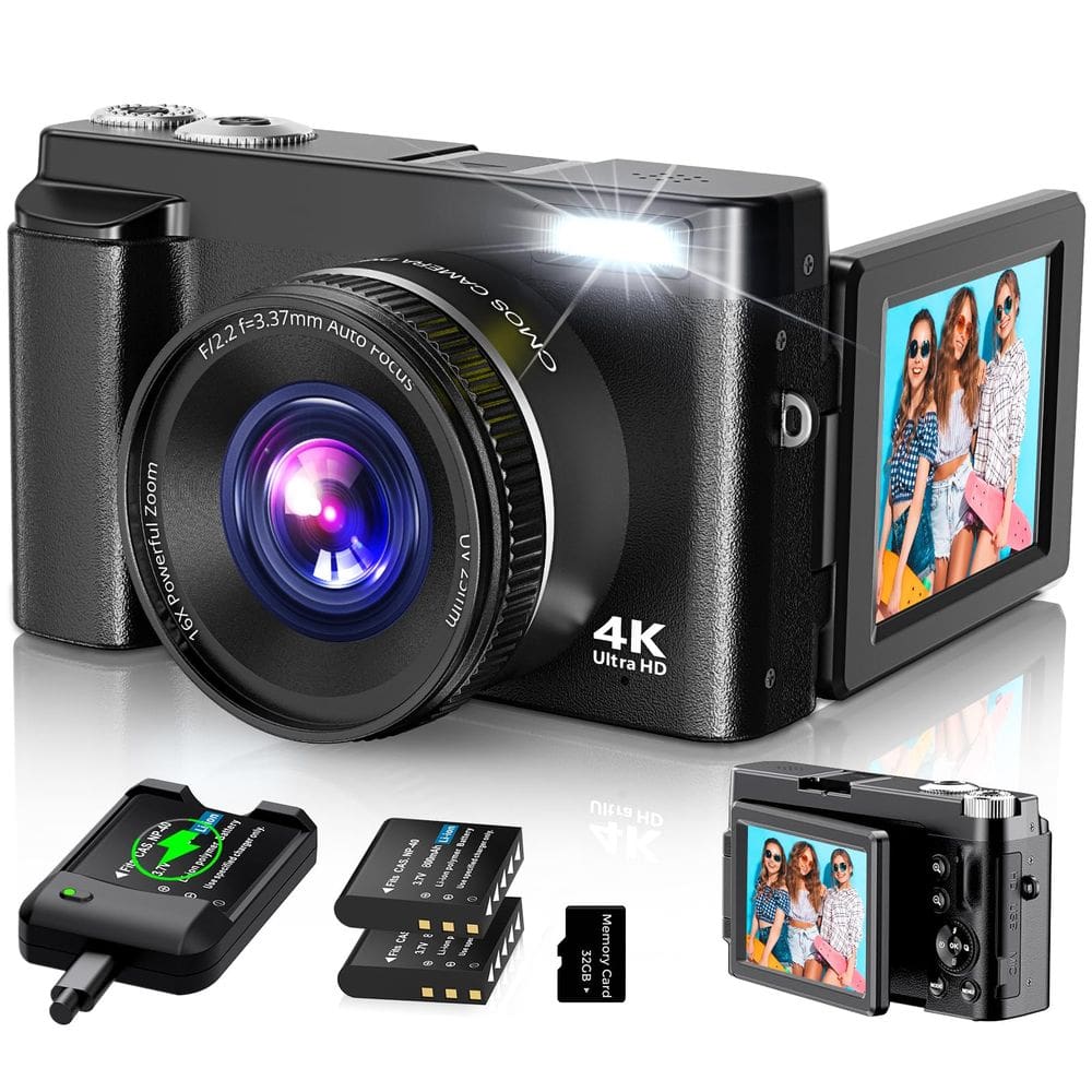 Câmera digital Duluvulu 4K 48MP com foco automático, 2 baterias, cartão SD
