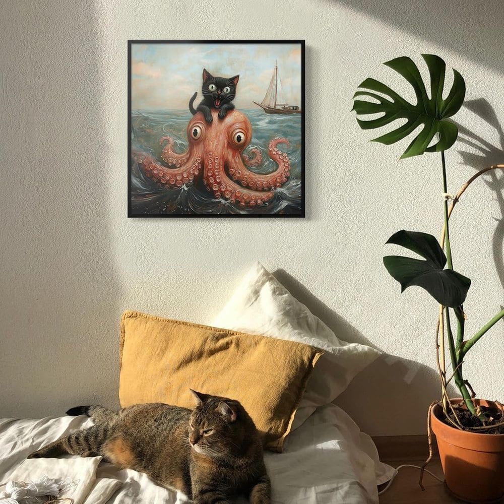 Pôster com arte de parede Cute Black Cat Vs. Polvo 40x40cm emoldurado