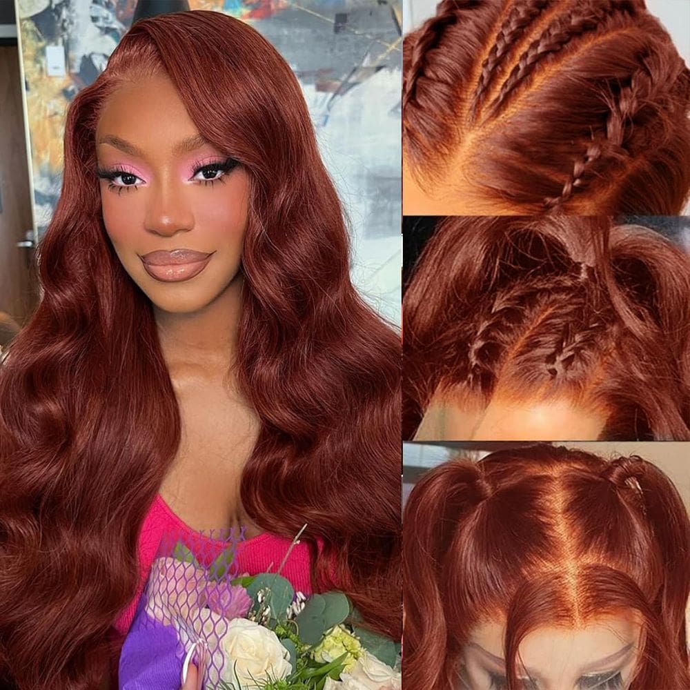 Peruca frontal de renda Uveous, marrom avermelhado, cabelo humano de 20" Body Wave