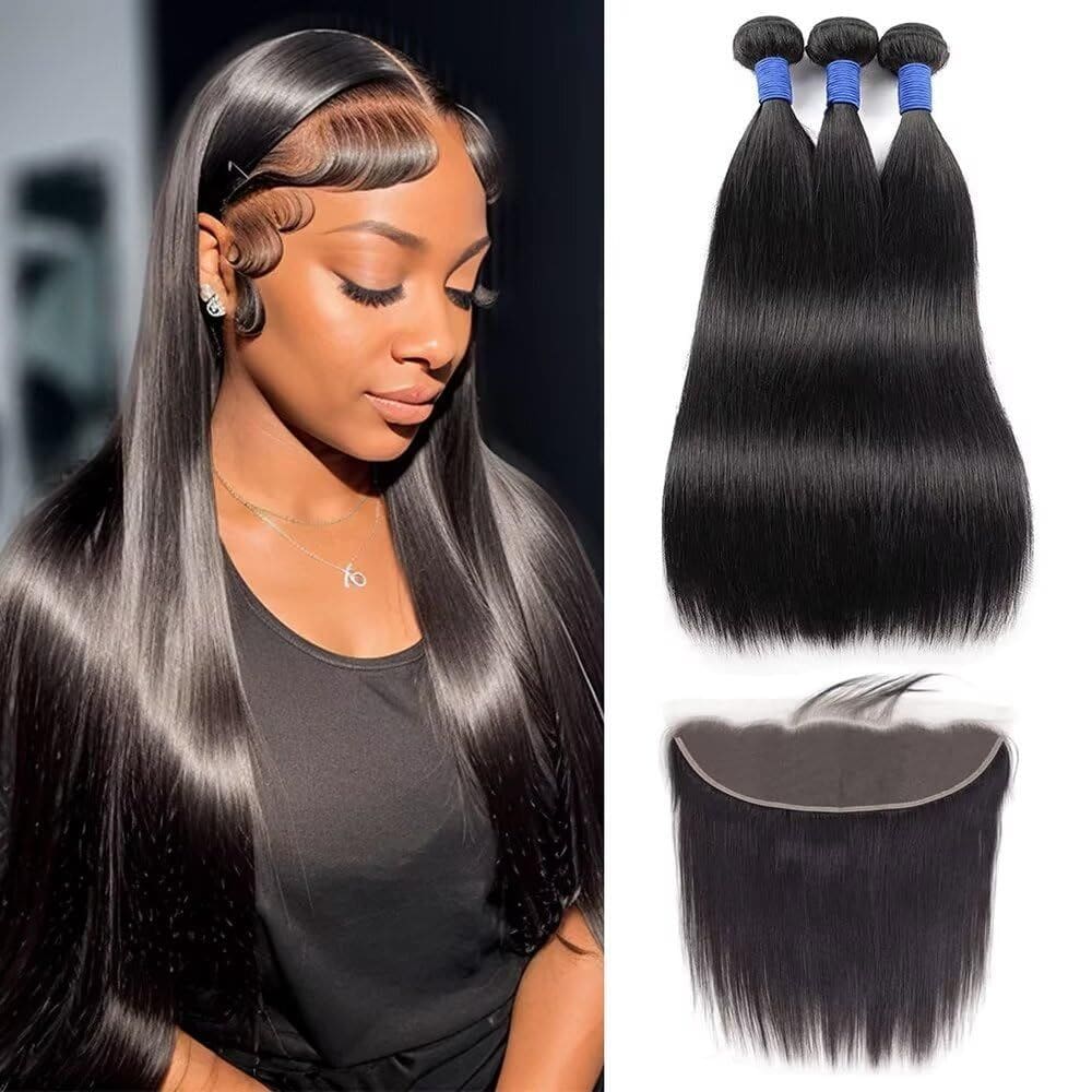 Pacotes de cabelo + Frontal 10A em linha reta 30cm 35cm 40cm + 25cm